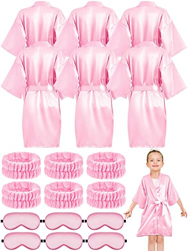 BBTO 18 Stück Mädchen Spa Zubehör 6 Kinder Satin Seide Kimono Robe 6 Spa Gesicht Stirnband 6 Augenmaske (Rosa, Größe 10) von BBTO