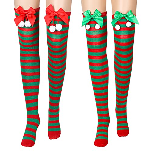BBTO 2 Paar Damen Weihnachten Kniestrümpfe Mädchen Kniehohe Weihnachtssocken (Roter Grüner Streifen) von BBTO