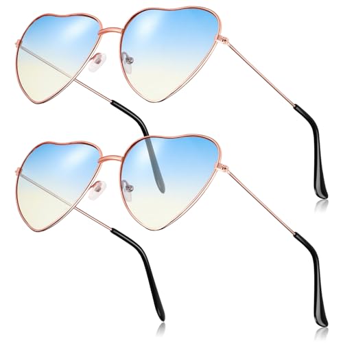 BBTO 2 Stück Hippie Herz Sonnenbrille 70er Jahre Sonnenbrille für Damen Dünner Metall Rahmen Hippie Stil Sonnenbrille Schöne Herz Brille Vintage Retro Brille für Tanz (Blau und Gelb) von BBTO