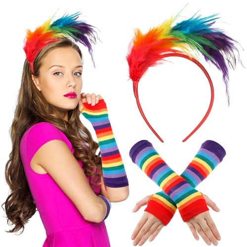 BBTO 2 Stück Schwulenstolz 1920er Flapper Zubehör Set Buntes Feder Haarreif Handschuhe Set Regenbogen Fascinator und Lange Handschuhe für Stolzparade Abschlussball Fasching (Regenbogen, Heller Stil) von BBTO