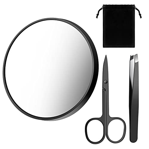 BBTO 20 Fach Vergrößerungsspiegel Pinzetten Schere Kit 20x Schminkspiegel mit Saugnäpfen Reise Kompaktspiegel mit Augenbraue Scheren Zupfpinzette für Damen Herren Make Up, 8,8 cm, Schwarz von BBTO