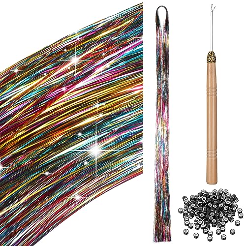 BBTO 200 Strang Haar Lametta Kit mit Werkzeug Lametta Haarverlängerung Glitzer Haarteil zum Flechten Haar Lametta Stränge Set für Frauen Mädchen Kinder Cosplay Party Zubehör (Farbverlauf) von BBTO