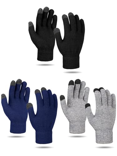 BBTO 3 Paar Touchscreen Handschuhe Warme Fleece Handschuhe Weiche Strickhandschuhe Winddichte Fingerhandschuhe Elastische Winterhandschuhe für Damen Herren Sport (Schwarz, Grau, Marineblau) von BBTO