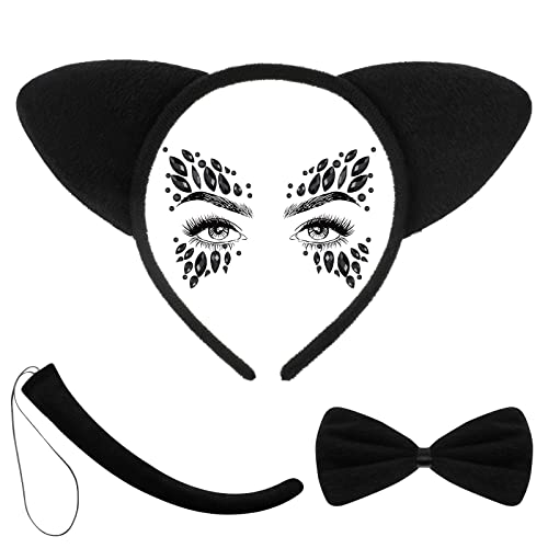 BBTO 4 Stück Katzenkostüm Set Katzenohren Haarreif Schwanz Fliege und Augen Gesicht Edelstein Halloween Tierkostüm Set für Frauen Mädchen Katzenohren Kostüm für Karneval Halloween, Schwarz (Stilvoll) von BBTO