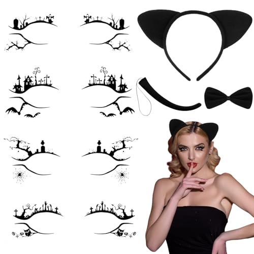 BBTO 7 Stück Katze Cosplay Set inklusive Katzenohren Stirnband Katze Fliege Schwanz und 4 Paar Eyeliner Aufkleber Tier Verkleidung Accessoires für Damen Mädchen Festival Karneval (Klassischer Stil) von BBTO