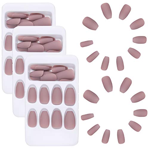 BBTO 72 Stück nackte rosa matte künstliche Nägel, vollständige Abdeckung, Sarg, künstliche Nägel, Tipps mit Nagelkleber, Nagelfeilen, Holzstäbchen für Frauen und Mädchen, DIY-Nagelzubehör von BBTO