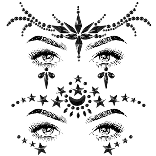 BBTO Halloween Gesicht Edelsteine Körper Juwelen 2 Stück Gesicht Glitzersteine Aufkleber auf Augen Stirn Kristall Strass Tattoos für Maskerade Cosplay Makeup Party, Schwarz (Niedlich Stil) von BBTO