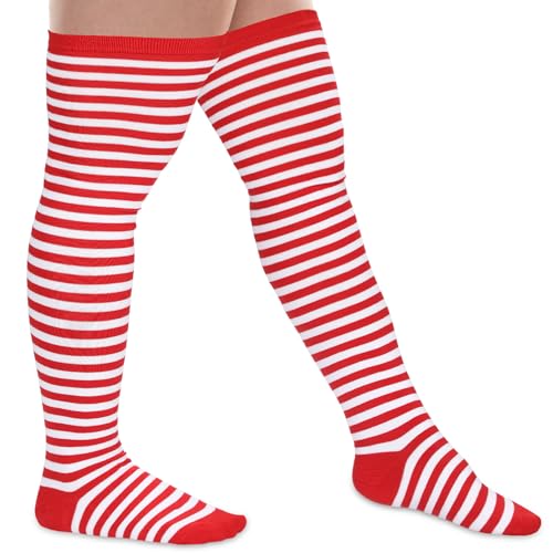 BBTO Lange Gestreifte Strümpfe Oberschenkelhohe Socken für Karneval Weihnachten(Rot Weiß,L Größe) von BBTO