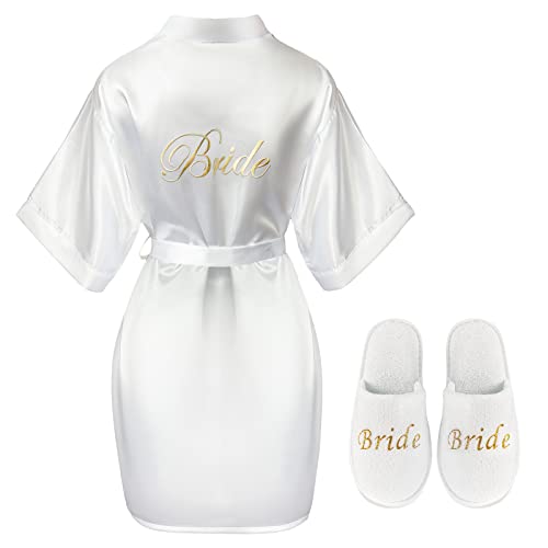 Bride Morgenmantel und Bride Hausschuhe Braut Brautjungfer Kurze Weiße Satin Braut Robe Hausschuhe für Frauen Mädchen (L) von BBTO