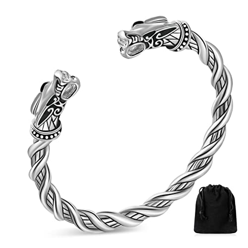 BBTO Doppeltes Drachenkopf Armband für Herren Verstellbares Wikinger Armband Verdrehter Drachen Armreif Nordisches Armband Polierter Manschette Armreif Cooler Schmuck für Erwachsene (Silber) von BBTO