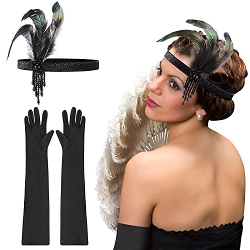 Flapper Stirnband Vintage 1920er Stirnband Schwarze Ellbogen Handschuhe Feder Stirnband Perlen Schwarzes Kopfschmuck Schwarze Lange Handschuhe Lange Abendhandschuhe 1920er Zubehör von BBTO