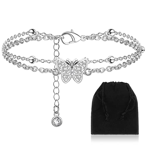 BBTO Schmetterling Fußkettchen Geschichtet Fußkettchen Armband für Frauen Schmuck Fußkette Verstellbar Fußkettchen Strand Sommer Fußkette für Damen Mädchen (Silber) von BBTO