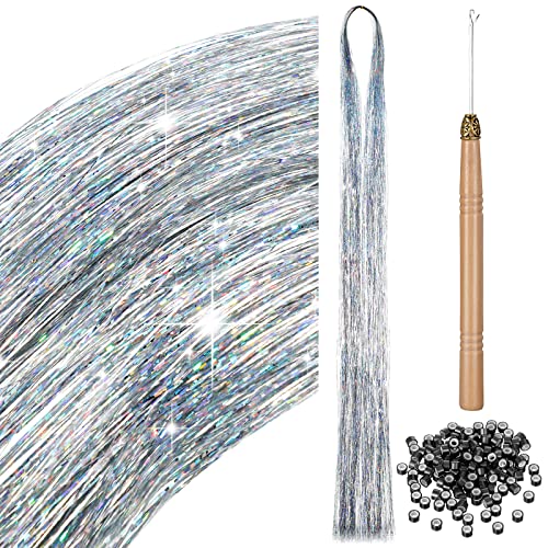 200 Haar Lametta mit Werkzeug Lametta Haarverlängerung Glitzer Haarteil zum Flechten Haarsträhne Kit für Frauen Mädchen Kinder Cosplay Party Zubehör (Silber) von BBTO