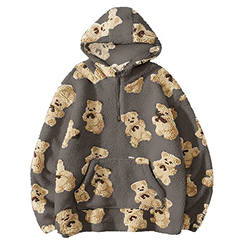 BBVP Hoodie Damen Oversize Pullover Süße Cartoon Bär Winterpullover Sweater Langarm Kapuzenpullover Sweatshirt Winter Warm Mädchen Pulli mit Kapuze Plüsch Fleece Oberteil Tops, Pullover-grau 1, L von BBVP