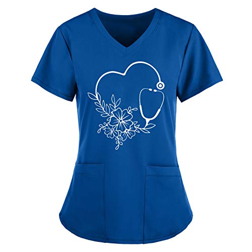 BBVP Krankenhaus Schlupfhemd Bluse Kurzarm V-Ausschnitt Kasack Damen Pflege Liebe Motiv Bunt Arzt Uniform Berufsbekleidung Krankenschwester Kleidung Plus Size Nurse Uniformen, A-dunkelblau, M von BBVP