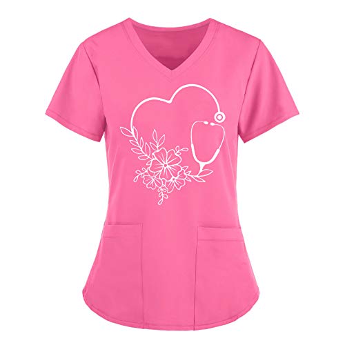 BBVP Krankenhaus Schlupfhemd Bluse Kurzarm V-Ausschnitt Kasack Damen Pflege Liebe Motiv Bunt Arzt Uniform Berufsbekleidung Krankenschwester Kleidung Plus Size Nurse Uniformen, A-rosa, 5XL von BBVP