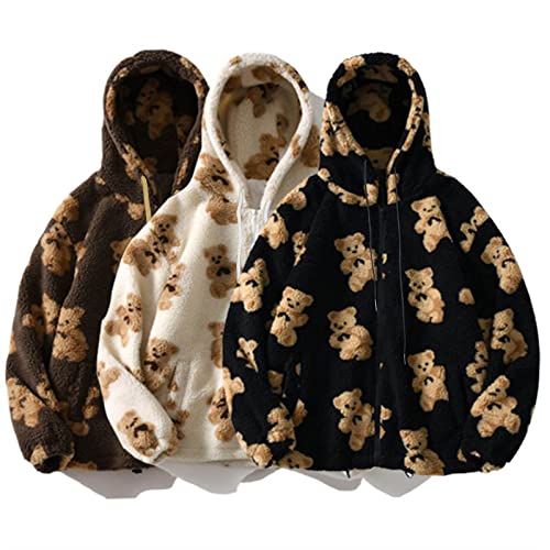 BBVP Kawaii Hoodie Damen Jacke Warm Winterjacke Kapuzenpullover Plüschjacke Fleecejacke Niedlichen Cartoon Bär Outwear Süßer Oversize Fleece Hoodies Teenager Mädchen Sweatshirts Plüsch Mantel von BBVP