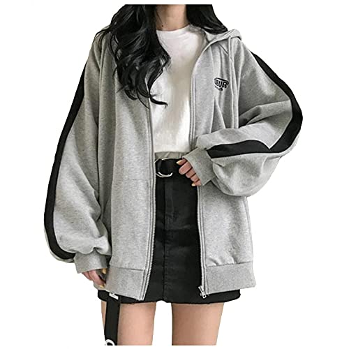 Damen Y2k Ästhetisches Vintage Zip Up Hoodie Langarm Aesthetic Kapuzenpullover Sweatshirt E-Girl 90er Streetwear Herbst Harajuku Baggy Langarmjacke Hoodies Jacke Mantel übergroßes Retro Pullover von BBVP