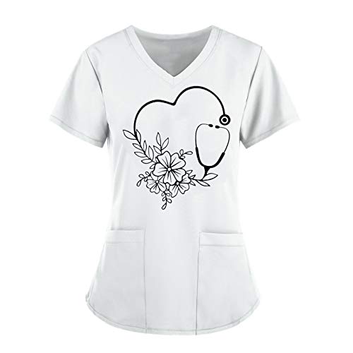BBVP Krankenhaus Schlupfhemd Bluse Kurzarm V-Ausschnitt Kasack Damen Pflege Liebe Motiv Bunt Arzt Uniform Berufsbekleidung Krankenschwester Kleidung Plus Size Nurse Uniformen, A-weiß, M von BBVP