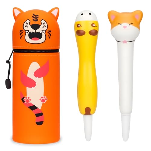 BBWELL 2-in-1 Weiche Silikontasche,Kawaii Silikon Federmäppchens,Kawaii Federmäppchen,Cartoon Federmäppchens,Mäppchen Tiere,Stifthalter Bleistifttasche Mädchen Junge (Tiger) von BBWELL