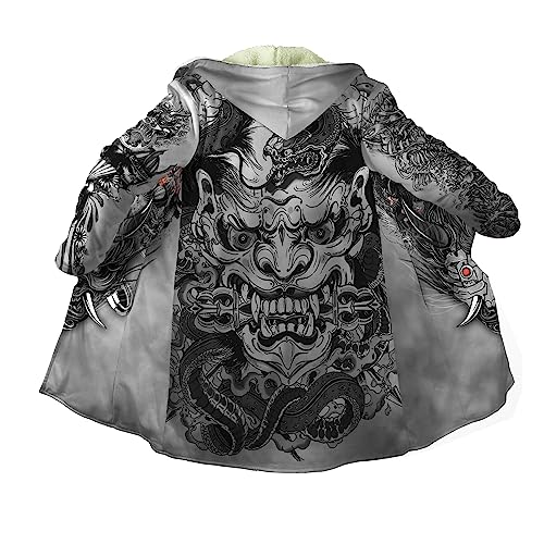 BBYOUTH 3D Druck Japan Samurai Armor Oni Maske Cape Mantel Mit Kapuze Mittlere Länge Winter Warm Fleece Parka Jacke,Bf17,3XL von BBYOUTH