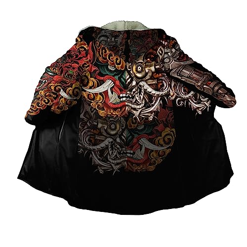 BBYOUTH 3D Druck Japan Samurai Armor Oni Maske Cape Mantel Mit Kapuze Mittlere Länge Winter Warm Fleece Parka Jacke,Bf21,XXL von BBYOUTH