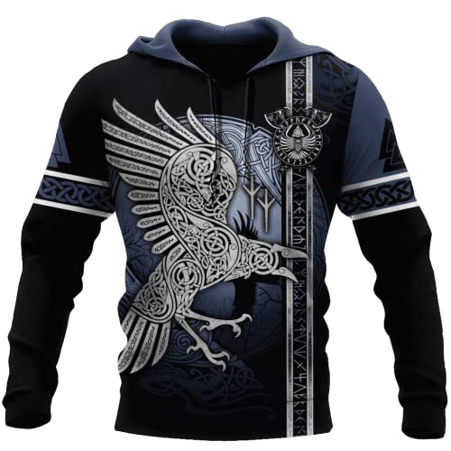 BBYOUTH Herren Wikinger Hoodie, 3D Bedruckter Nordischer Mythos Tattoo Cosplay Pullover Vikings Fanartikel(USA Größe),Raven Valknut,XXL von BBYOUTH