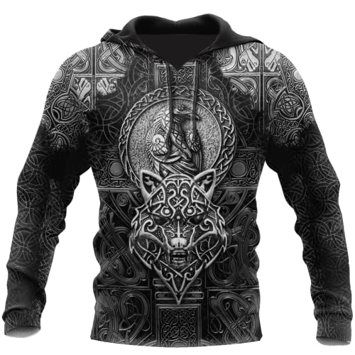 BBYOUTH Herren Wikinger Hoodie, 3D Bedruckter Nordischer Mythos Tattoo Cosplay Pullover Vikings Fanartikel(USA Größe),Raven Wolf,XL von BBYOUTH