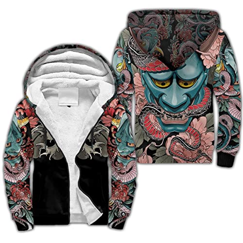 BBYOUTH Japanischer Samurai Drache Tattoo Zip Hoodie, 3D-Druck Herbst Winter Trainingsanzug Warme Fleece Jacke (US-Größe),Goblin,3XL von BBYOUTH