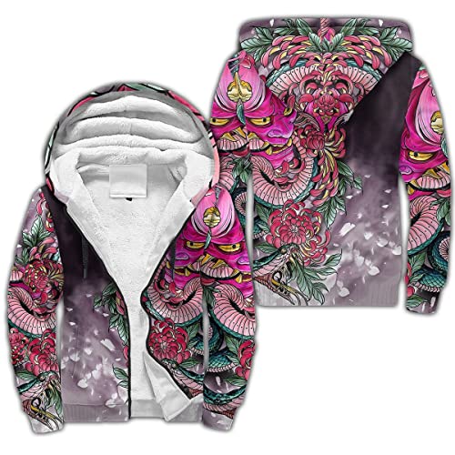 BBYOUTH Japanischer Samurai Drache Tattoo Zip Hoodie, 3D-Druck Herbst Winter Trainingsanzug Warme Fleece Jacke (US-Größe),Rosa,S von BBYOUTH