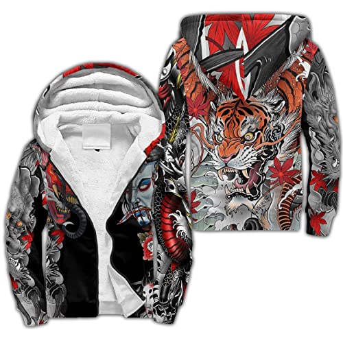 BBYOUTH Japanischer Samurai Drache Tattoo Zip Hoodie, 3D-Druck Herbst Winter Trainingsanzug Warme Fleece Jacke (US-Größe),Tiger,M von BBYOUTH
