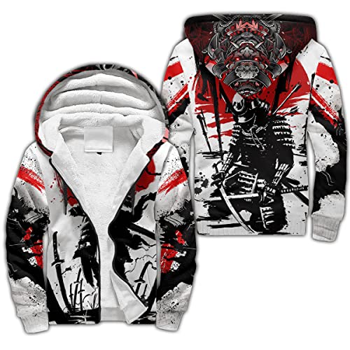 BBYOUTH Japanischer Samurai Drache Tattoo Zip Hoodie, 3D-Druck Herbst Winter Trainingsanzug Warme Fleece Jacke (US-Größe),Warrior,XL von BBYOUTH