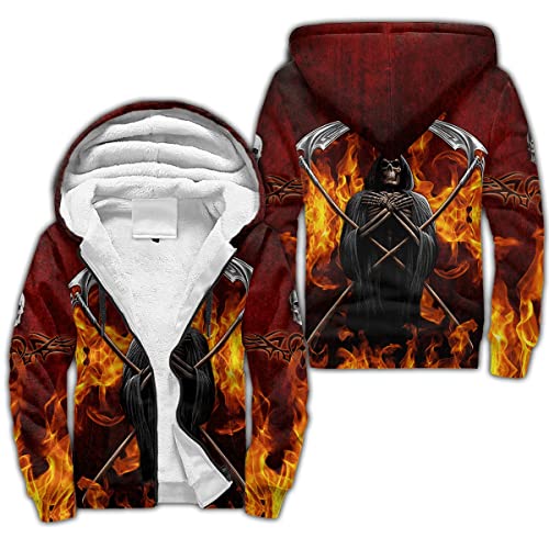 BBYOUTH Reaper Skull Zip Hoodie 3D Gedruckt Winter Faux Kaschmir Dicke Warme Jacke Herren Neuheit Mantel,Flame,5XL von BBYOUTH