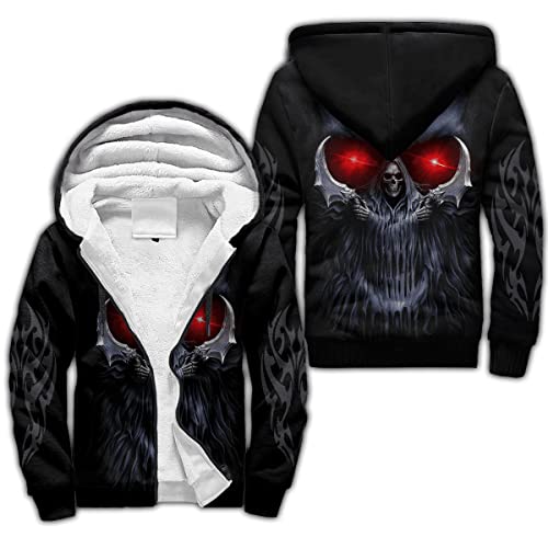 BBYOUTH Reaper Skull Zip Hoodie 3D Gedruckt Winter Faux Kaschmir Dicke Warme Jacke Herren Neuheit Mantel,Sickle,XL von BBYOUTH