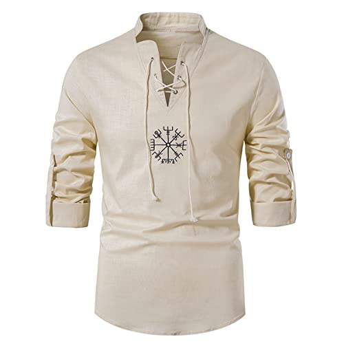 BBYOUTH Viking Vegvisir Baumwolle Leinen Jacobite Ghillie Herrenhemden Mittelalter Langarm Stehkragen Schnürung Frühling Sommer Kostüm,Khaki,XXL von BBYOUTH