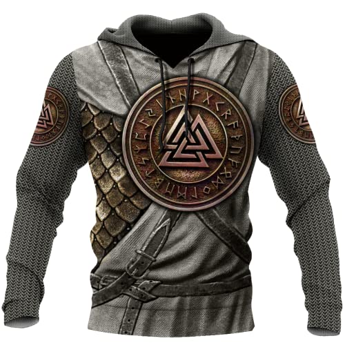 BBYOUTH Wikinger Rüstung Tattoo Hoodie 3D Nordische Mythologie Berserker Frühling Herbst Langarm Retro Geschichte Kultur Männer Oversize Shirt,Valknut Hoodie,XL von BBYOUTH