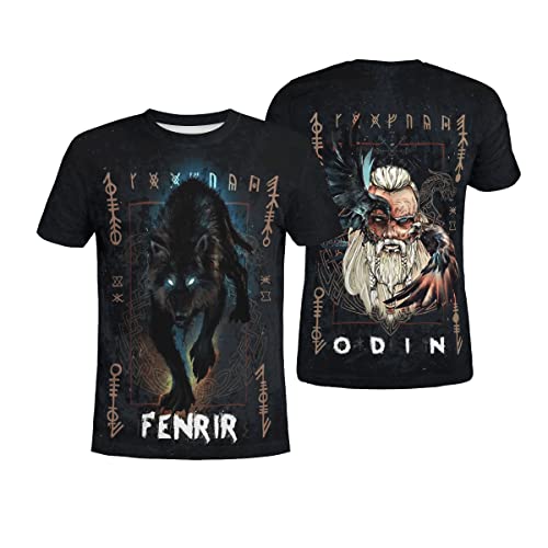 BBYOUTH Wikinger T-Shirt, 3D Bedruckter Nordischer Mythos Odin Tattoo Cosplay Sommer Ultradünne Kurzarm (11 USA Größe),Odin Fenrir,XL von BBYOUTH