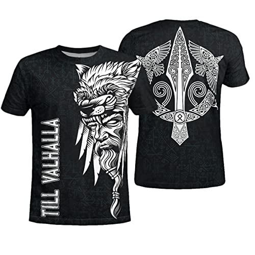 BBYOUTH Wikinger T-Shirt, 3D Bedruckter Nordischer Mythos Odin Tattoo Cosplay Sommer Ultradünne Kurzarm (11 USA Größe),Till Valhalla,XL von BBYOUTH