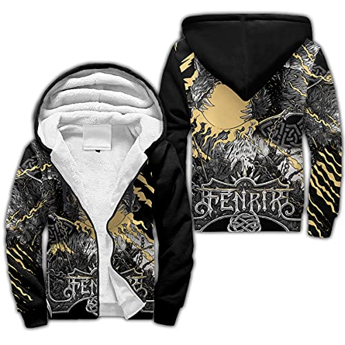 BBYOUTH Wikinger Winterjacke 3D Dedruckte Nordische Mythologie Fleece Sherpa Futter Warmer Reißverschluss Hoodie,Fenrir Wolf,XL von BBYOUTH