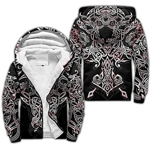 BBYOUTH Wikinger Winterjacke 3D Dedruckte Nordische Mythologie Fleece Sherpa Futter Warmer Reißverschluss Hoodie,Viking Symbol,3XL von BBYOUTH