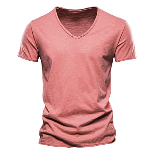 Bambus-Baumwoll-T-Shirt 10 Farben Sommer atmungsaktiv V-Ausschnitt Herren Kurzarm Tops EU Größe (TH037),Brick red,L von BBYOUTH
