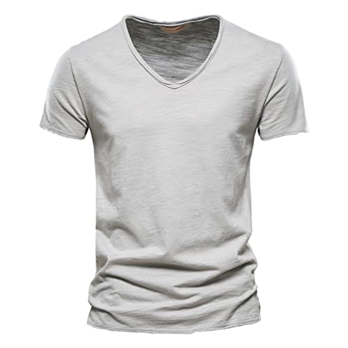 Bambus-Baumwoll-T-Shirt 10 Farben Sommer atmungsaktiv V-Ausschnitt Herren Kurzarm Tops EU Größe (TH037),Light Grey,XL von BBYOUTH