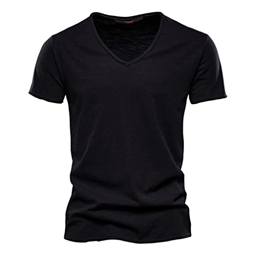 Bambus-Baumwoll-T-Shirt 10 Farben Sommer atmungsaktiv V-Ausschnitt Herren Kurzarm Tops EU Größe (TH037),Schwarz,XL von BBYOUTH