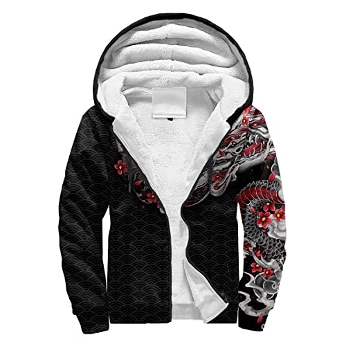 Japan Cartoon Tattoo Zip Hoodie 3D Gedruckt Winter Verdicken Trainingsanzug Warme Fleecejacke (US-Größe),Dragon,S von BBYOUTH