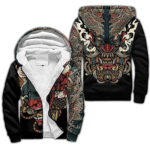 Japanischer Samurai Drache Tattoo Zip Hoodie, 3D-Druck Herbst Winter Trainingsanzug Warme Fleece Jacke (US-Größe),Dragon,4XL von BBYOUTH
