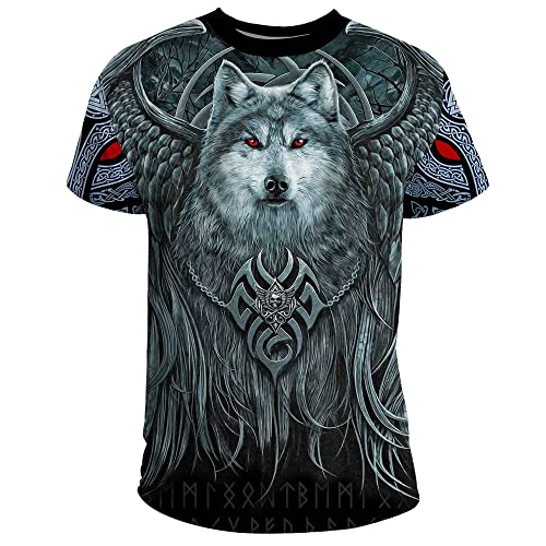 Nordischen Mythologie Thema T-Shirt 3D Bedruckter Odin Tattoo Paare Sommer Kurzarm Cosplay Kostüm Vikings Fanartikel (11 USA Größe),Celtic Wolf,4XL von BBYOUTH