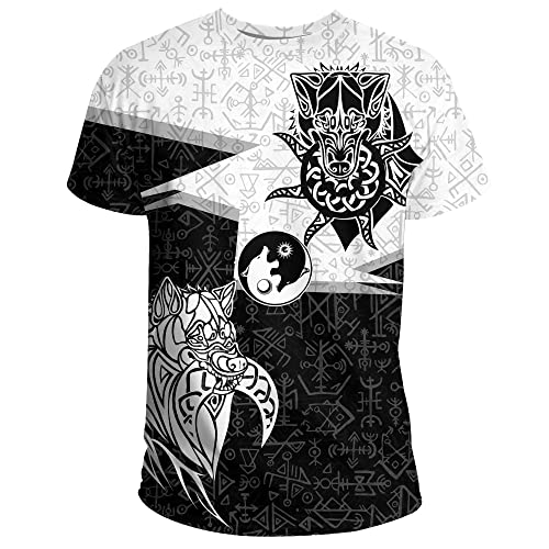 Nordischen Mythologie Thema T-Shirt 3D Bedruckter Odin Tattoo Paare Sommer Kurzarm Cosplay Kostüm Vikings Fanartikel (11 USA Größe),Geri freki,XXL von BBYOUTH