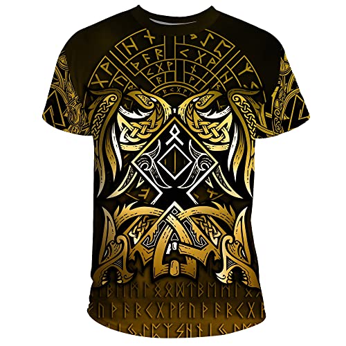 Nordischen Mythologie Thema T-Shirt 3D Bedruckter Odin Tattoo Paare Sommer Kurzarm Cosplay Kostüm Vikings Fanartikel (11 USA Größe),Othila Rune,5XL von BBYOUTH