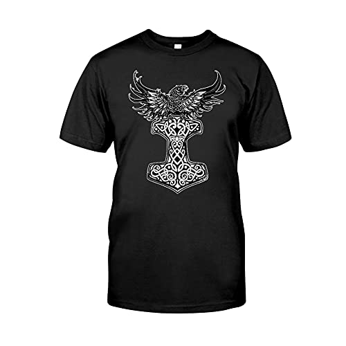 Odins Raben T-Shirt Wikinger Kostüm Ragnar Baumwolle Klassische Männer Kurzarm Nordische Geschenke,Thor Hammer,XS von BBYOUTH