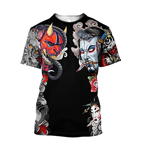 Samurai Tattoo T-Shirt 3D Gedruckt Japanischer Dämon Männer Harajuku Casual Kurzarm Tops - TX-4 (US-Größe),Geisha and Demon,3XL von BBYOUTH